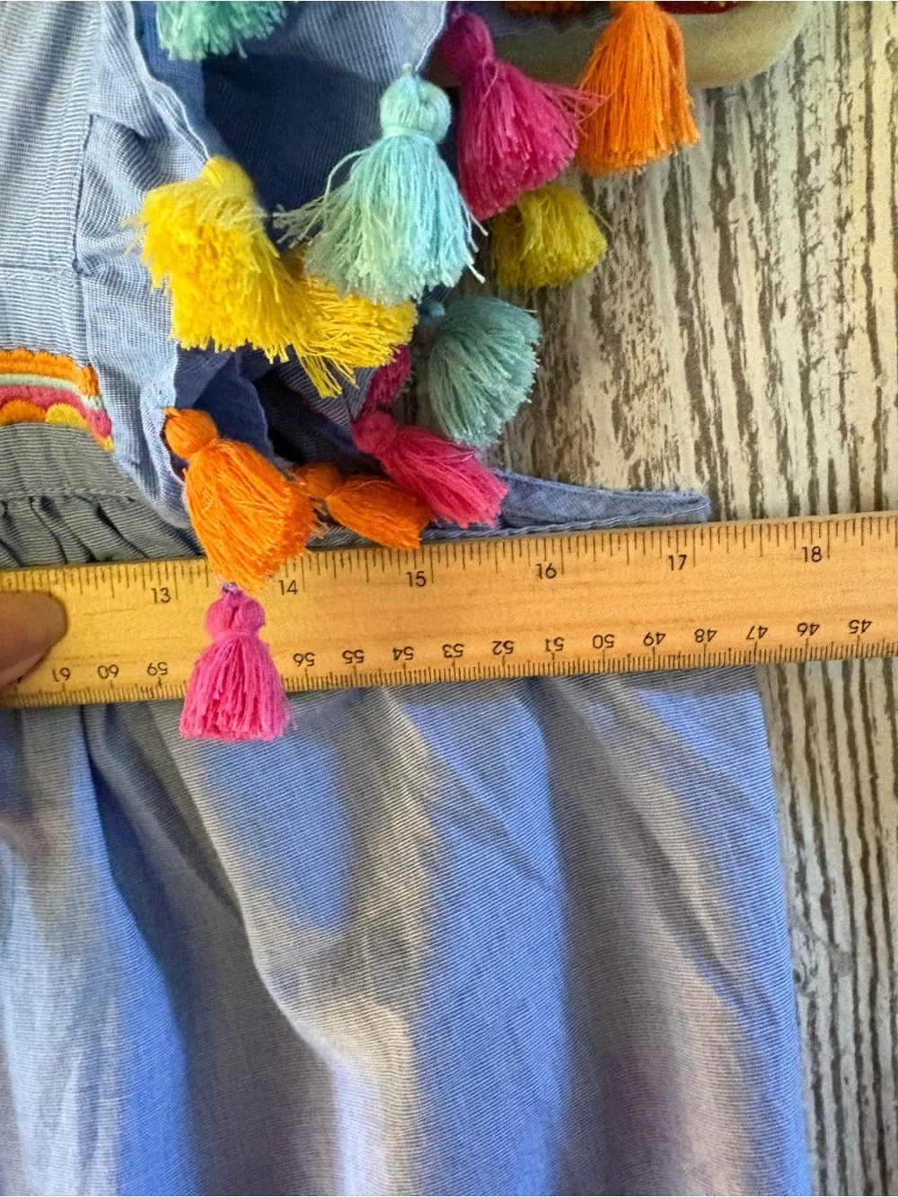 Crown & Ivy Kids Chambray Dress XL Tassel Pom Pom Ruffle Sleeveless Blue